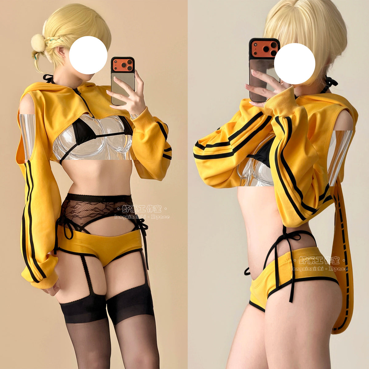 イエローブルマ風うさ耳パーカー×極小マイクロビキニ ハートくり抜きエプロン付き 【エビスタジオ】