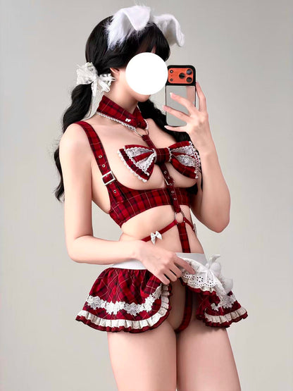 【スカート着脱2Way】赤チェック柄スクール風ハーネスランジェリー フリルエプロン付き 75kg対応【エビスタジオ】