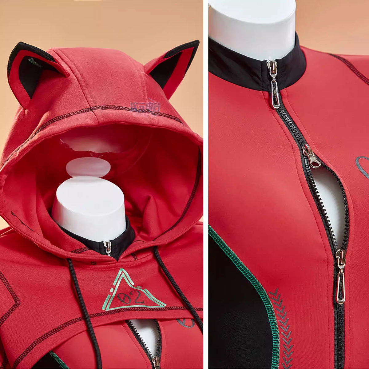 アスカ風 サイバーパンク テックウェア ダブルジッパー 胸開き エヴァ 同人コスプレ 立体猫耳フード プラグスーツ風 密着 エロかっこいい