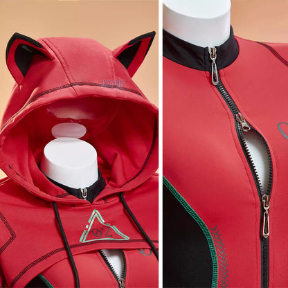 アスカ風 サイバーパンク テックウェア ダブルジッパー 胸開き エヴァ 同人コスプレ 立体猫耳フード プラグスーツ風 密着 エロかっこいい