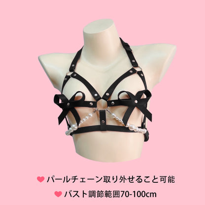 パールチェーン付きのキュートリボンボディーハーネス ブラック/ワインレッド【WhiteLia】