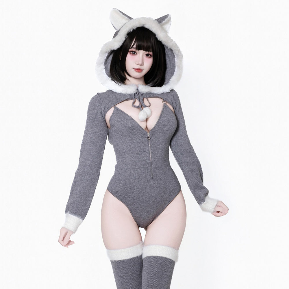 可愛い冬のグレーふわもこニットパーカーレオタード4点セット【BOLOLI】