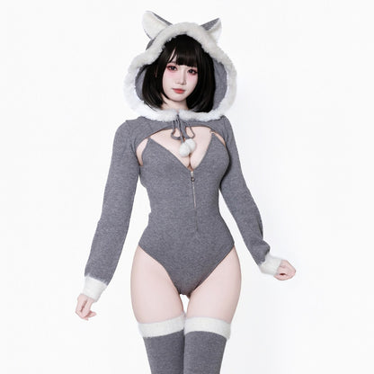 可愛い冬のグレーふわもこニットパーカーレオタード4点セット【BOLOLI】