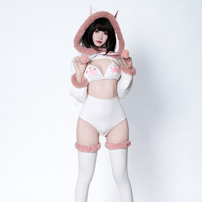 ふわもこネコ耳フード付きセクシーキュートなボディスーツコスチューム 白【BOLOLI】