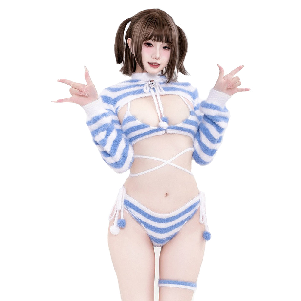 ふわもこボーダー柄にゃんこファービキニセット 猫耳フード付き ブルー【BOLOLI】
