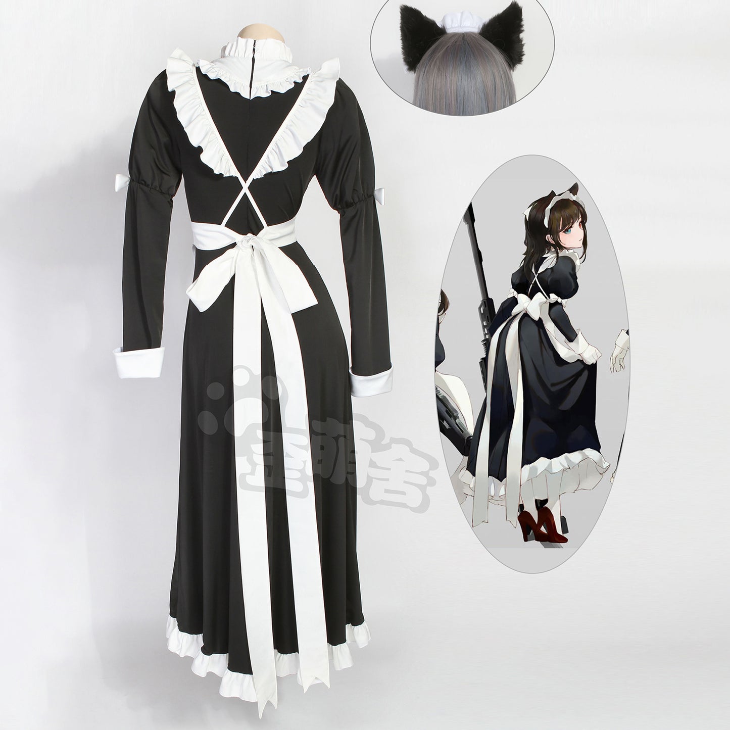 フロントオープン可愛い猫娘ロングメイドコスプレ 猫耳付き【歪萌舍】