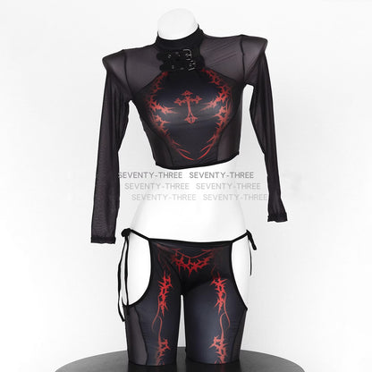 ダークゴシック風セクシーセパレート透け感メッシュボディスーツ