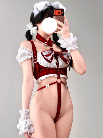 【スカート着脱2Way】赤チェック柄スクール風ハーネスランジェリー フリルエプロン付き 75kg対応【エビスタジオ】