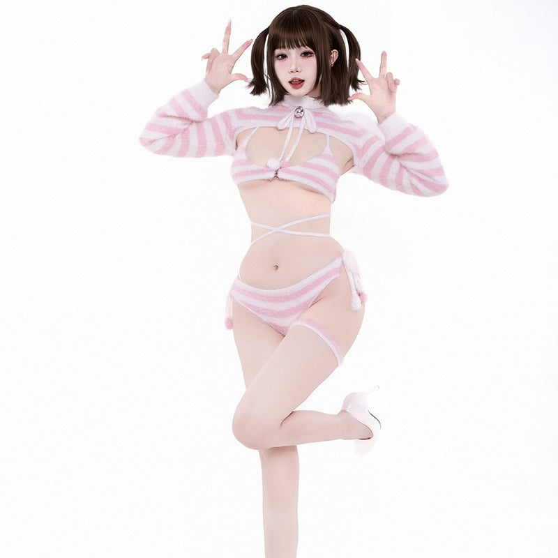 ふわもこボーダー柄にゃんこファービキニセット 猫耳フード付き ピンク【BOLOLI】