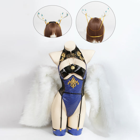 青いドラゴンガールエナメルレオタードコスプレ 肩掛け付き【歪萌舍】