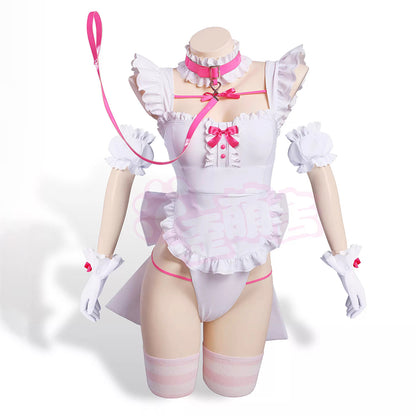 病みかわセクシー地雷系ハイレグメイドレオタードコスプレ7点セット ホワイト 地雷メイド【歪萌舍】