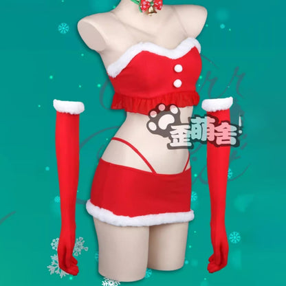 ふわもこセクシーセパレートサンタガールコスプレ8点セット ミニ丈スカート アームカバー付き クリスマス衣装【歪萌舍】