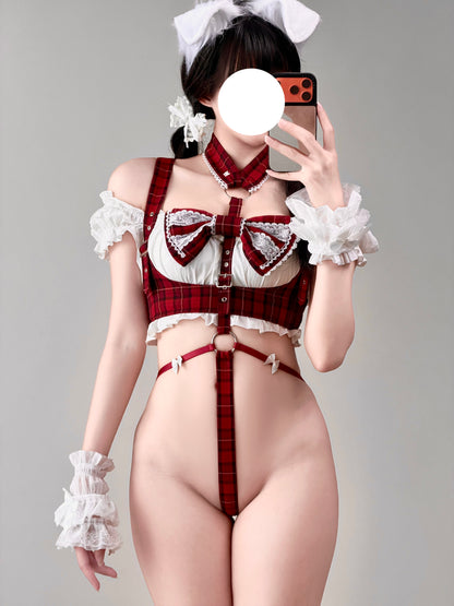 【スカート着脱2Way】赤チェック柄スクール風ハーネスランジェリー フリルエプロン付き 75kg対応【エビスタジオ】