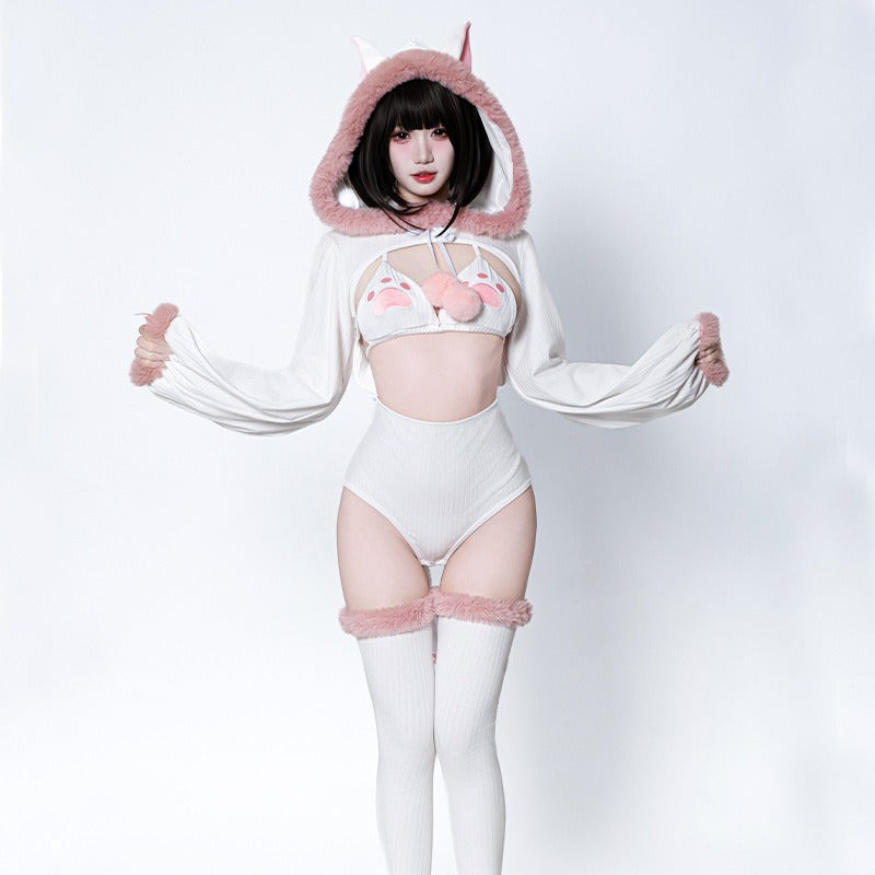 ふわもこネコ耳フード付きセクシーキュートなボディスーツコスチューム 白【BOLOLI】