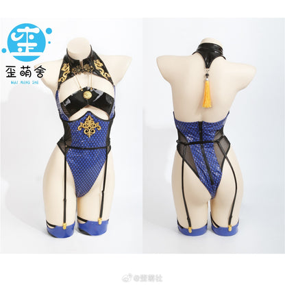 青いドラゴンガールエナメルレオタードコスプレ 肩掛け付き【歪萌舍】
