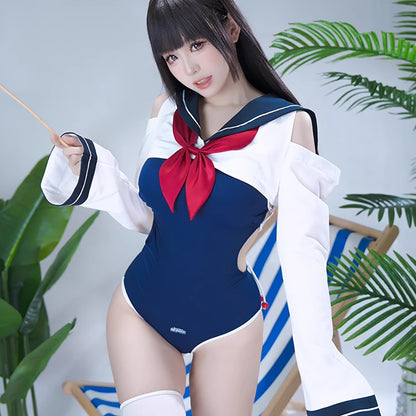 セーラー風トップスとハイレグスクール水着2点セット【得体社】