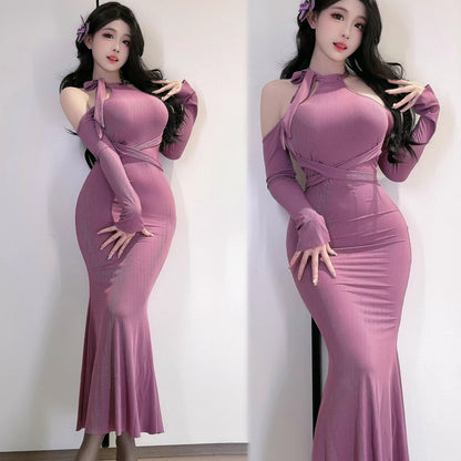 曲線美を極めるフェミニンなホルターネックタイトドレス 水色/レッド/パープル/ピンク【TANG YUAN】