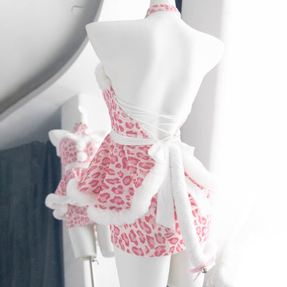 もこもこネコ耳ピンクレオパードセクシーワンピースコスチューム【火華家】