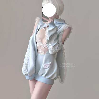 あざと可愛い水色うさ耳ボレロ付きのサスペンダースカート豪華5点セット【エビスタジオ】