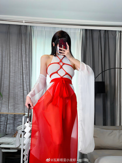 亀甲縛りされたシースルー透け透け巫女コスプレ5点セット【エビスタジオ】