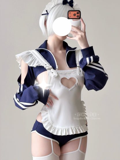 【胸元ハート窓×横乳】ブルマ風スポーティメイドコスプレ5点セット 体型カバー・75kg対応【エビスタジオ】
