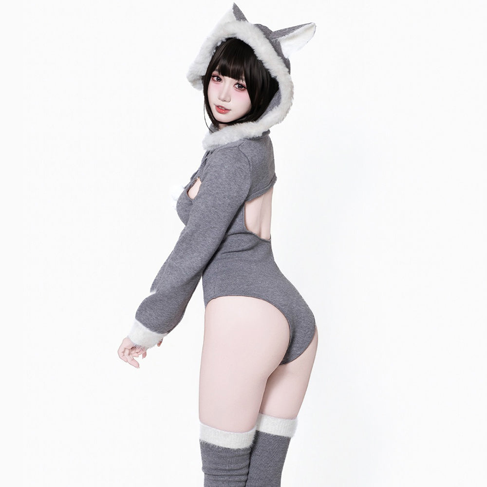 可愛い冬のグレーふわもこニットパーカーレオタード4点セット【BOLOLI】