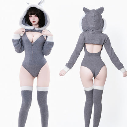可愛い冬のグレーふわもこニットパーカーレオタード4点セット【BOLOLI】