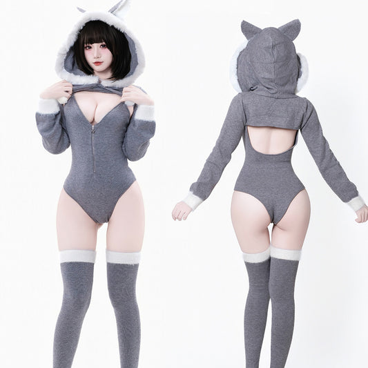 可愛い冬のグレーふわもこニットパーカーレオタード4点セット【BOLOLI】