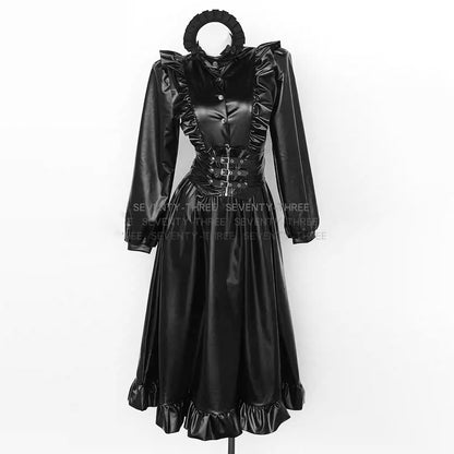 ゴシック地雷系光沢PUレザーのロング丈ダークメイドコスプレ【SEVENTY-THREE】