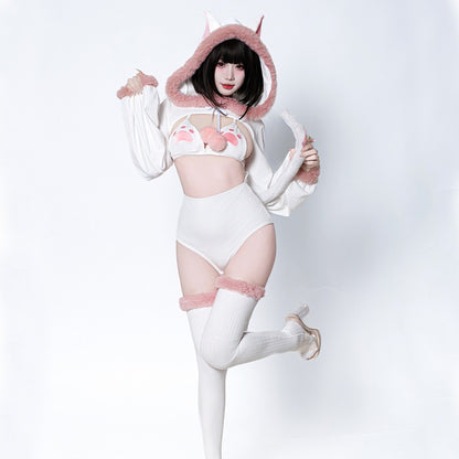 ふわもこネコ耳フード付きセクシーキュートなボディスーツコスチューム 白【BOLOLI】