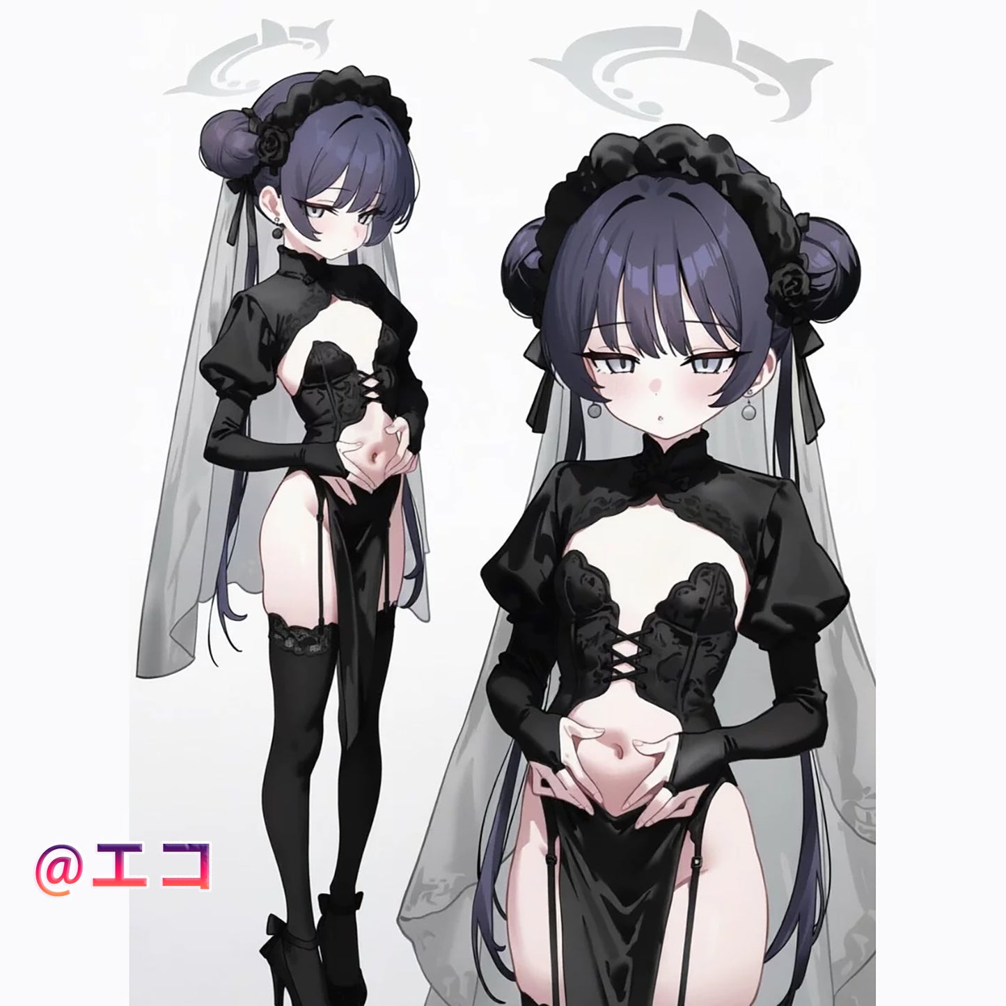 ブルアカ キサキ花嫁コスプレ7点セット 超高スリットドレス 黒ウェディング【火華家】