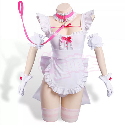 病みかわセクシー地雷系ハイレグメイドレオタードコスプレ7点セット ホワイト 地雷メイド【歪萌舍】