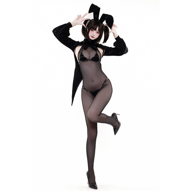 透け感たっぷりのセクシーな全身タイツ逆バニーコスプレ 燕尾ジャケット【BOLOLI】