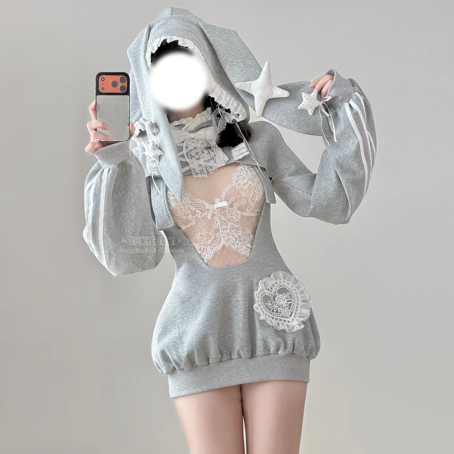 グレーラビット うさ耳フード スポーツウェア 体操服 サロペット 75kg対応 コスプレ サイド透け ディテール レースレオタード ふんわりシルエット 体型カバー コスチューム