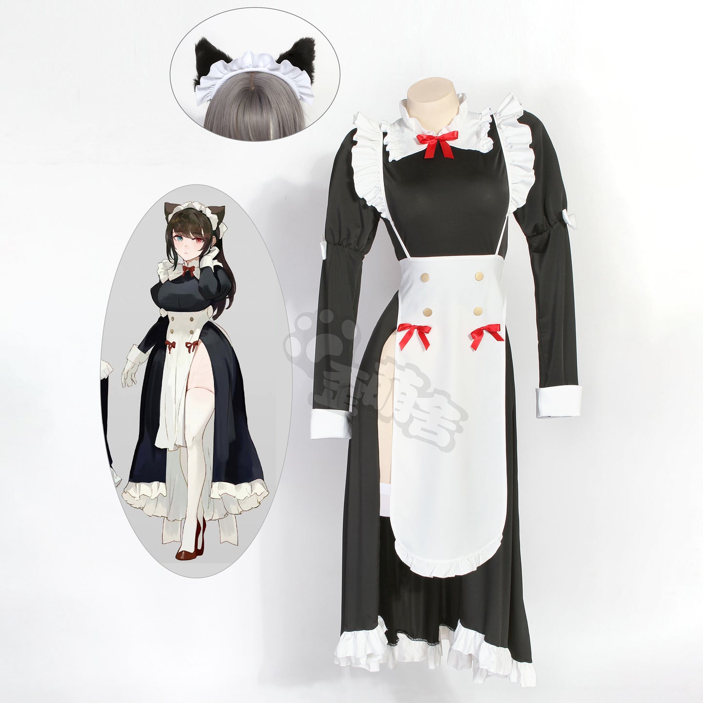 フロントオープン可愛い猫娘ロングメイドコスプレ 猫耳付き【歪萌舍】