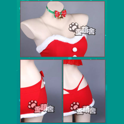ふわもこセクシーセパレートサンタガールコスプレ8点セット ミニ丈スカート アームカバー付き クリスマス衣装【歪萌舍】