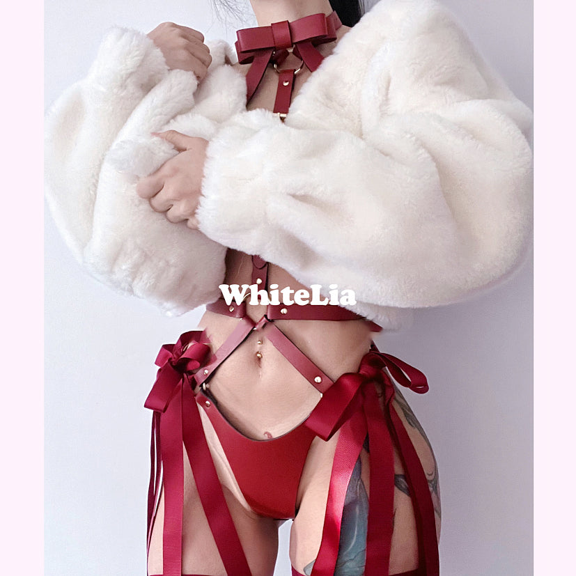 大きなレザーリボンが大人可愛いボディーハーネス ワインレッド/ブラック【WhiteLia】
