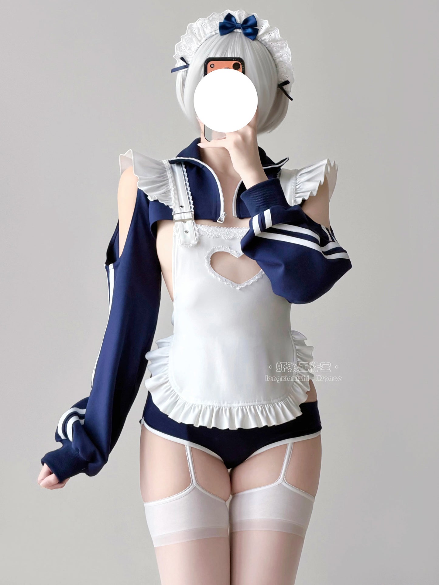 【胸元ハート窓×横乳】ブルマ風スポーティメイドコスプレ5点セット 体型カバー・75kg対応【エビスタジオ】