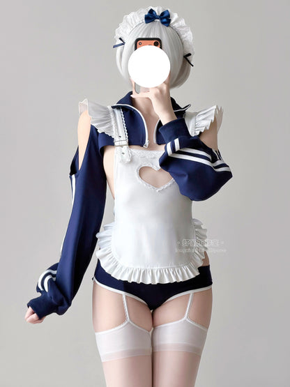 【胸元ハート窓×横乳】ブルマ風スポーティメイドコスプレ5点セット 体型カバー・75kg対応【エビスタジオ】