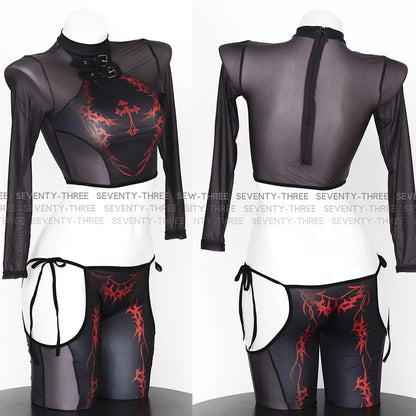 ダークゴシック風セクシーセパレート透け感メッシュボディスーツ