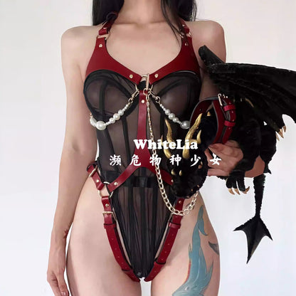 身体のラインを美しく引き立てるレザーボディーハーネス ブラック/ワインレッド【WhiteLia】