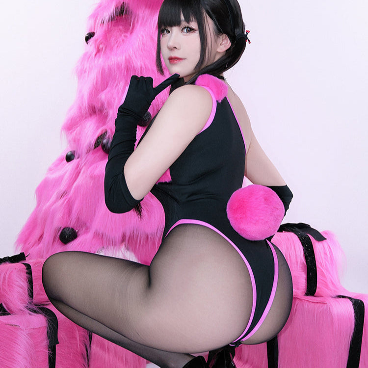 ブラックピンクベルベットニットハイレグレオタードバニーガールコスプレ【得体社】