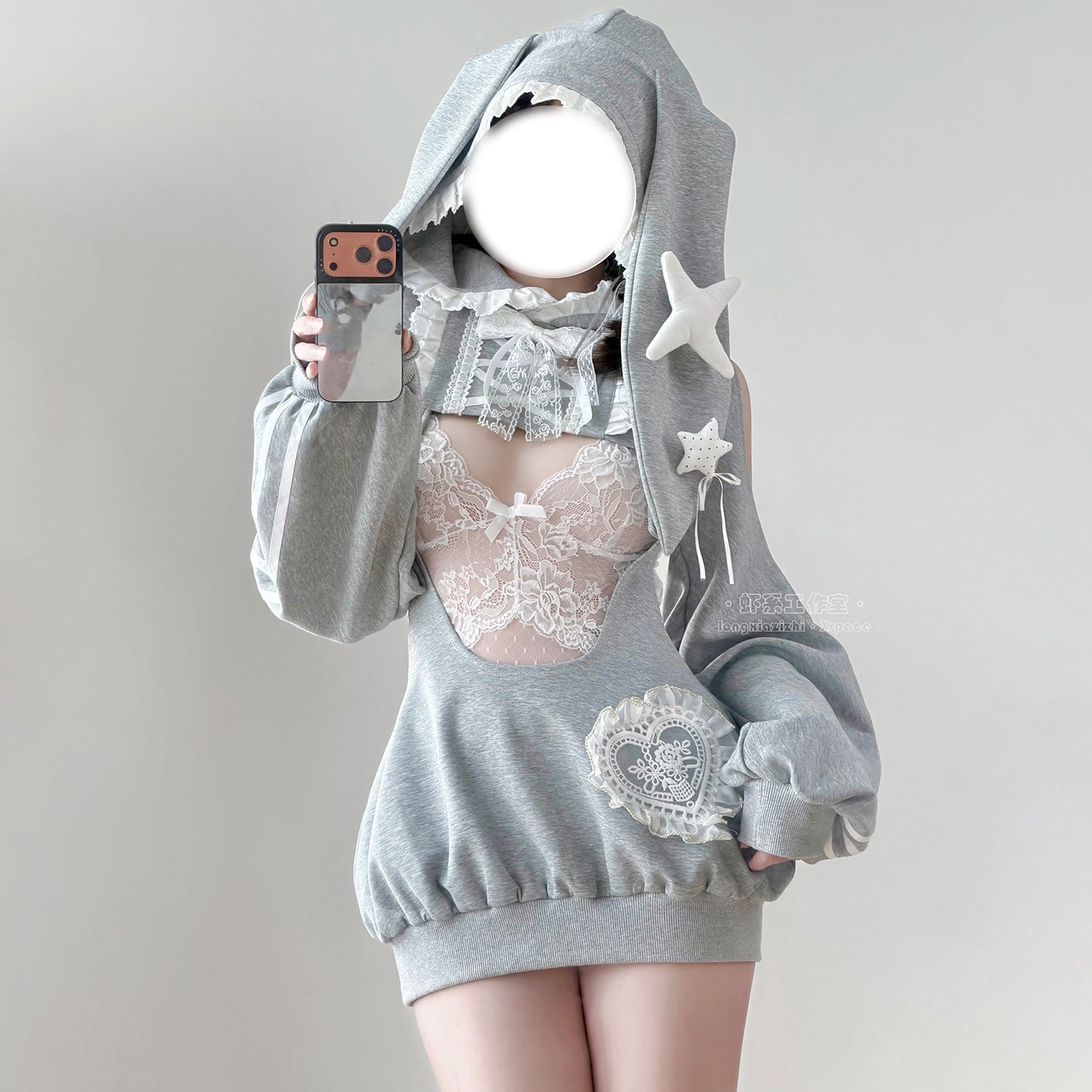 グレーラビット うさ耳フード スポーツウェア 体操服 サロペット 75kg対応 コスプレ サイド透け ディテール レースレオタード ふんわりシルエット 体型カバー コスチューム