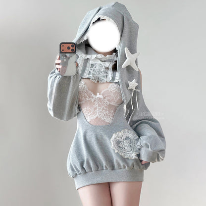 グレーラビット うさ耳フード スポーツウェア 体操服 サロペット 75kg対応 コスプレ サイド透け ディテール レースレオタード ふんわりシルエット 体型カバー コスチューム