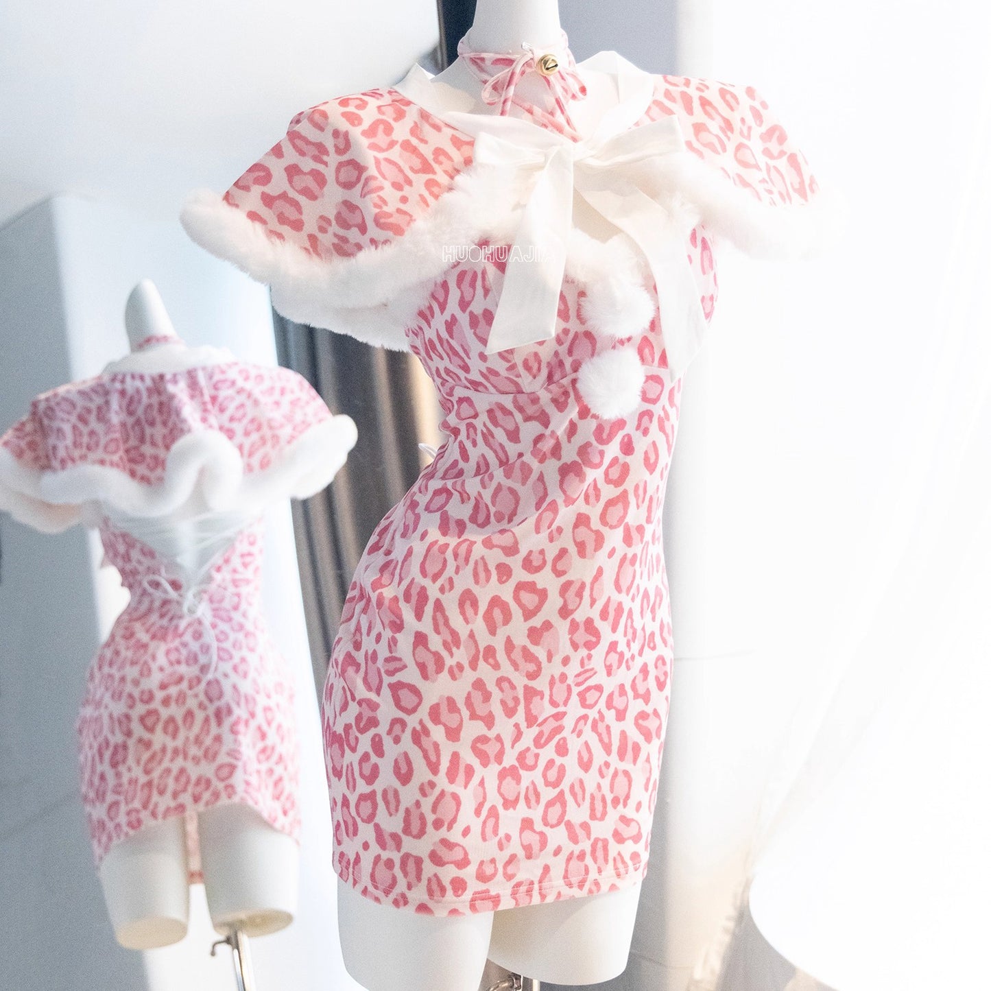もこもこネコ耳ピンクレオパードセクシーワンピースコスチューム【火華家】