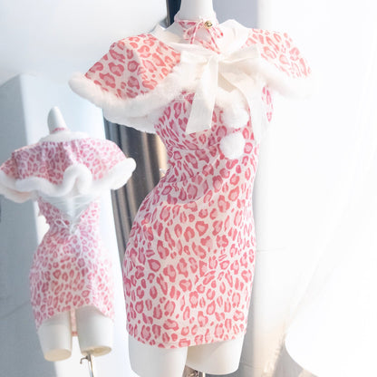 もこもこネコ耳ピンクレオパードセクシーワンピースコスチューム【火華家】