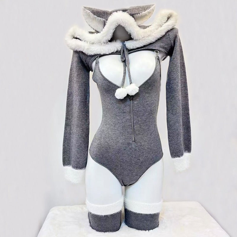 可愛い冬のグレーふわもこニットパーカーレオタード4点セット【BOLOLI】