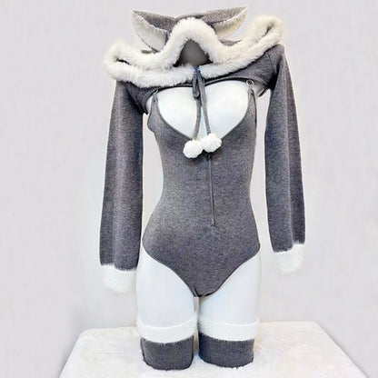 可愛い冬のグレーふわもこニットパーカーレオタード4点セット【BOLOLI】