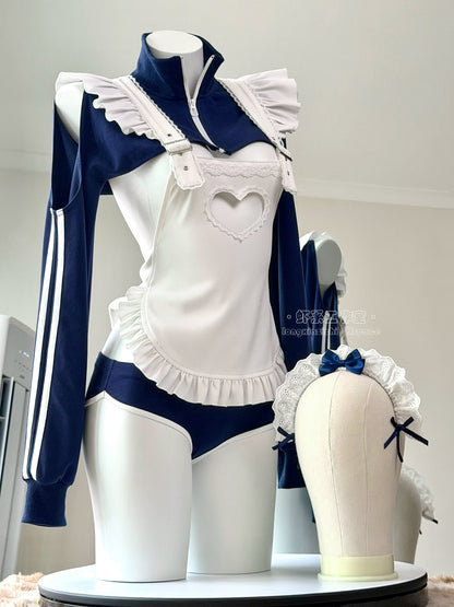 【胸元ハート窓×横乳】ブルマ風スポーティメイドコスプレ5点セット 体型カバー・75kg対応【エビスタジオ】
