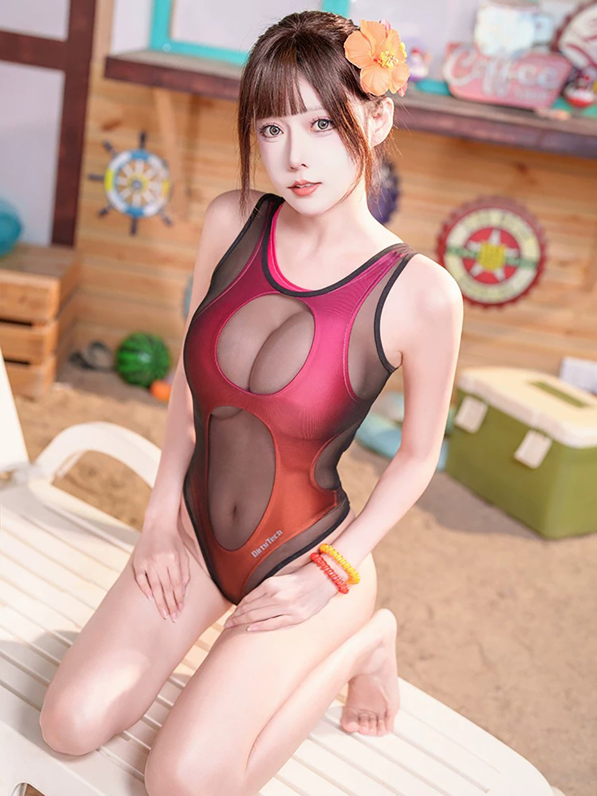 胸元＆背中開き透け感メッシュハイレグ競泳水着 4色展開【得体社】